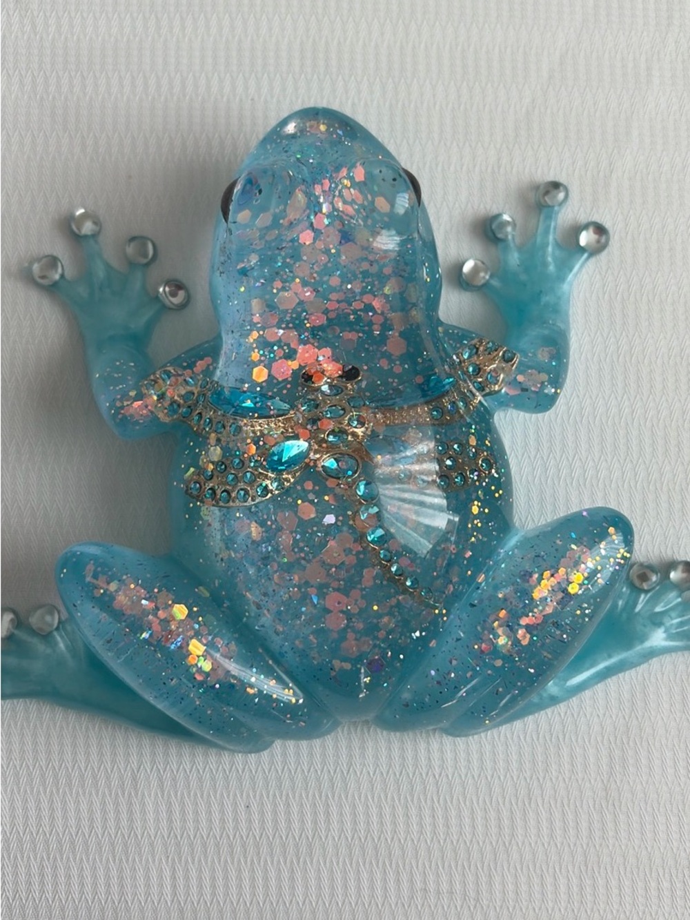 Handmade Blue Glitter Frog with Dragonfly